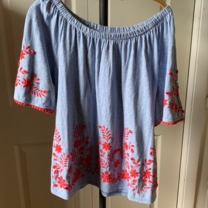 Talbots stretchy cotton shirt with coral embroidered trim. Size M